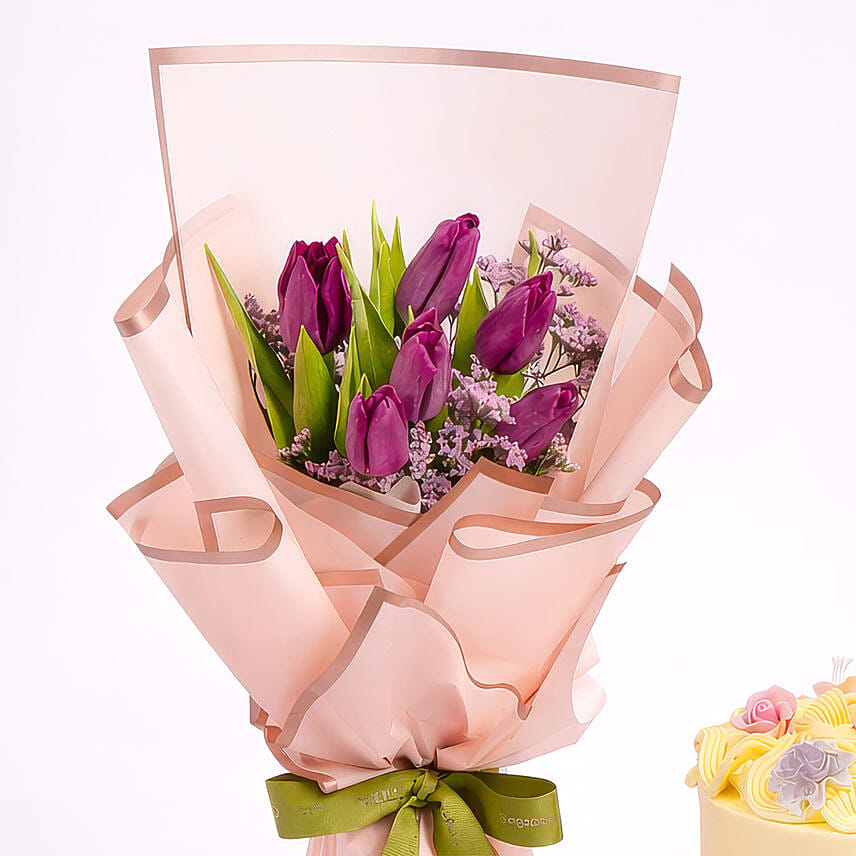 Womens Day Floral Cream Cake And Tulip Bouquet