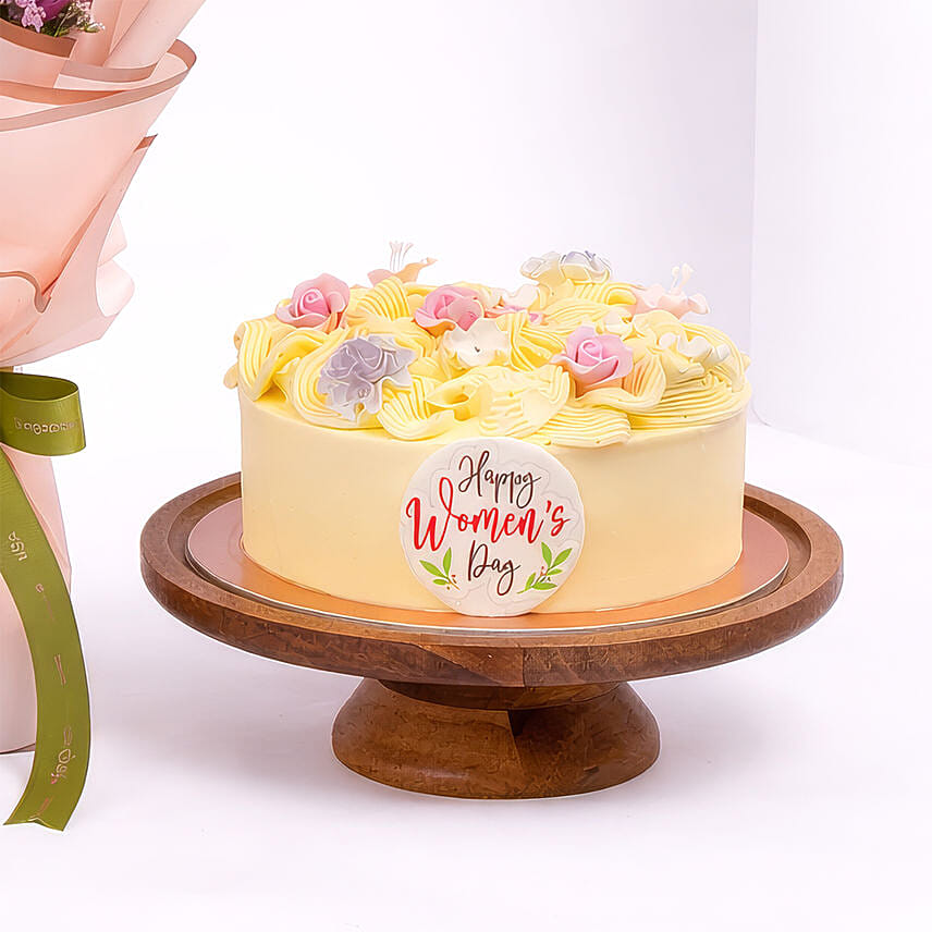 Womens Day Floral Cream Cake And Tulip Bouquet