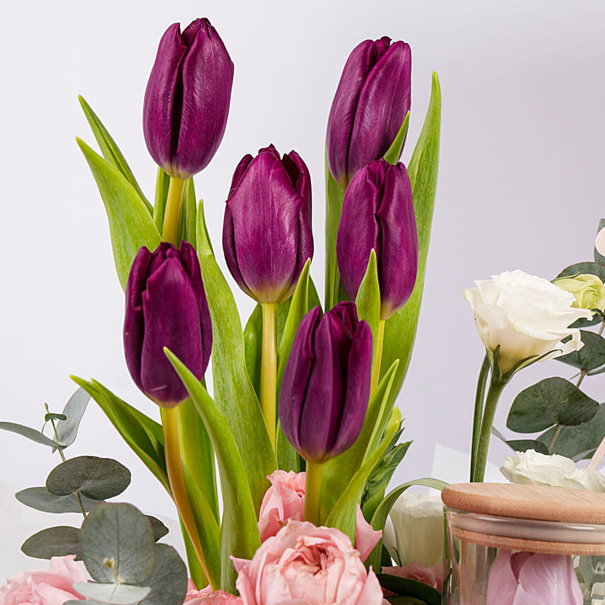 Womens Day Tulips And Roses Box and Candle