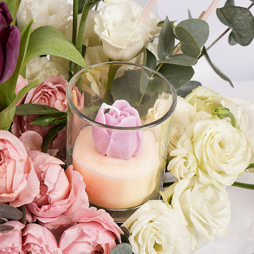 Womens Day Tulips And Roses Box and Candle