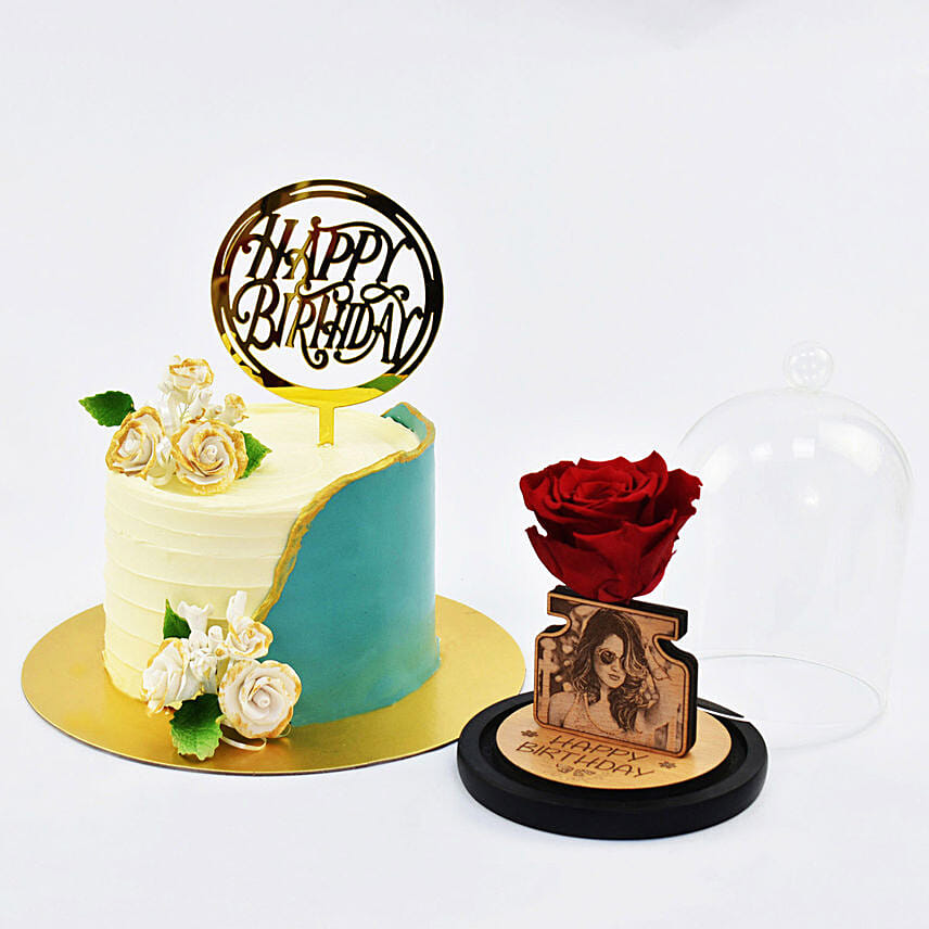 Your Special Birthday Celebration Marble Cake with Personalised Forever Rose