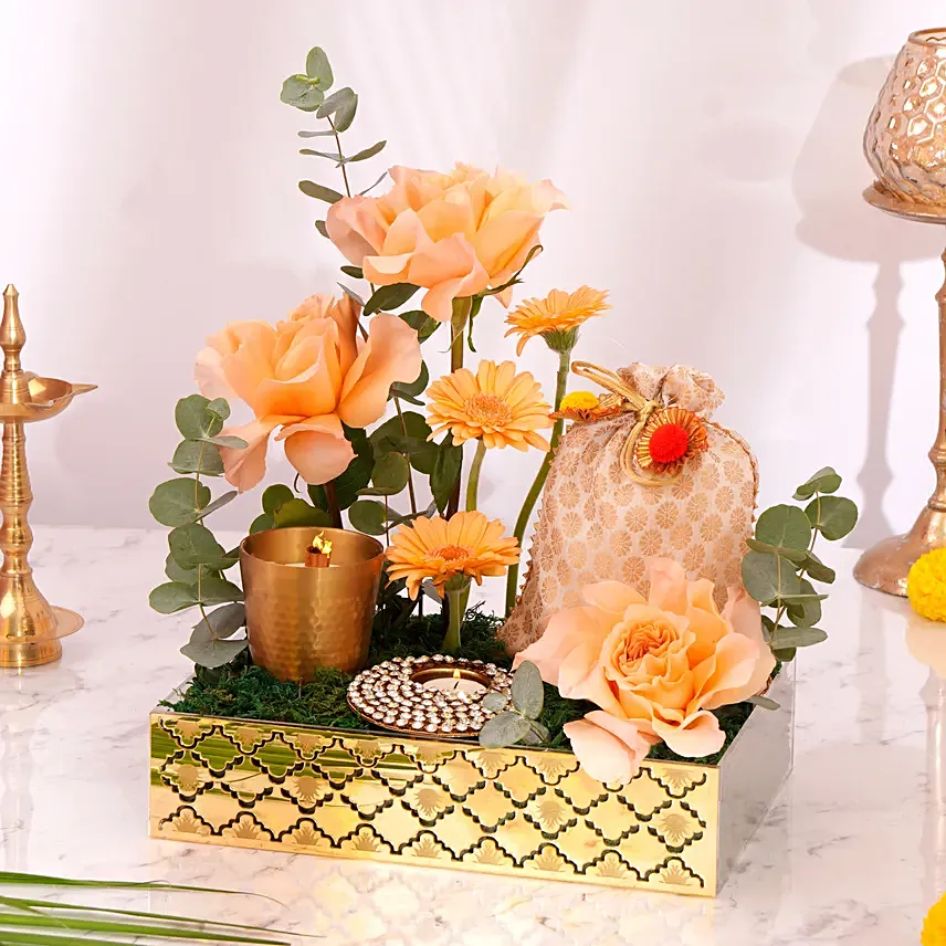 Diwali Bloom N Potli Tray: Diwali Flowers & Sweets