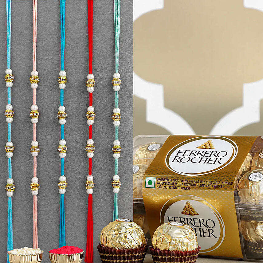 Ethnic Beads Rakhi With 16 Pcs Ferraro Rocher Ethnic Beads Rakhi With 16 Pcs Ferraro Rocher: Zardosi Rakhi