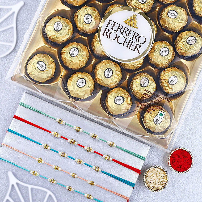 Ethnic Beads Rakhi With 24 Pcs Ferraro Rocher Ethnic Beads Rakhi With 24 Pcs Ferraro Rocher: Zardosi Rakhi