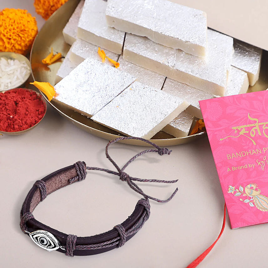 Evil Eye Bracelet Rakhiand Kaju Katli: Rakhi with Sweets