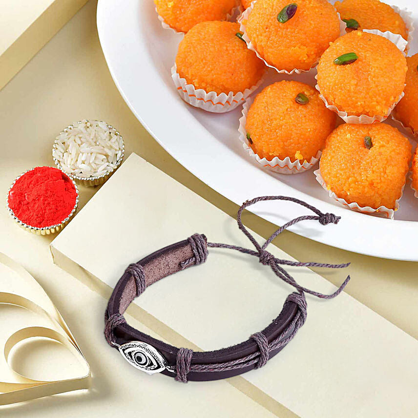 Evil Eye Bracelet Rakhiand Motichoor Ladoo: Rakhi with Sweets