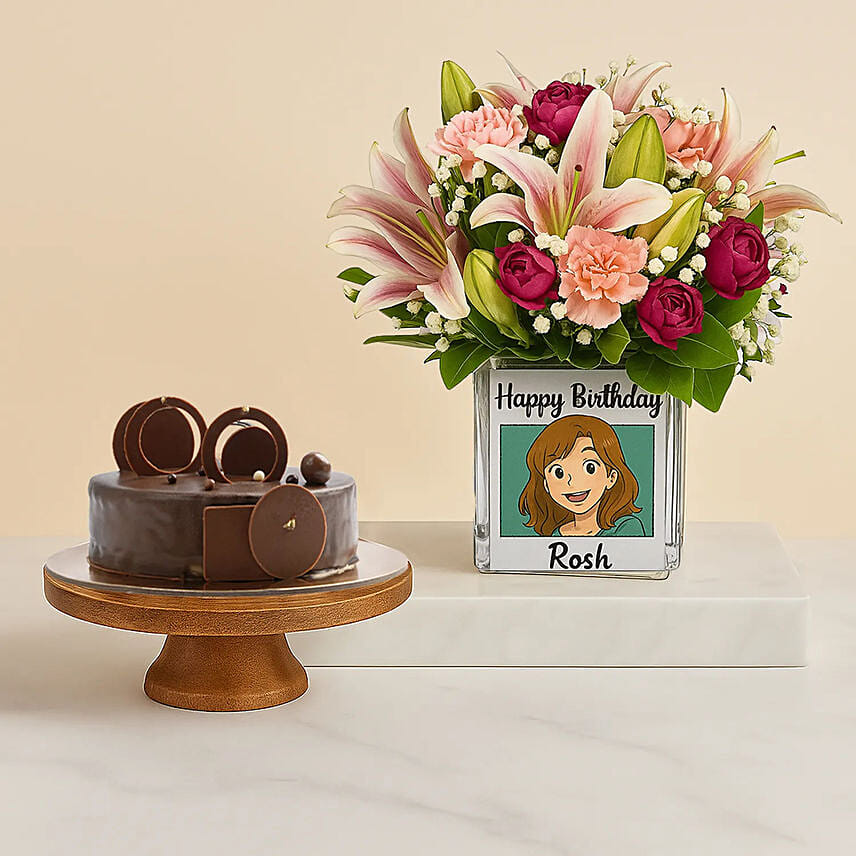 Ghibli Style Personalised Birthday Flowers and Cake: 