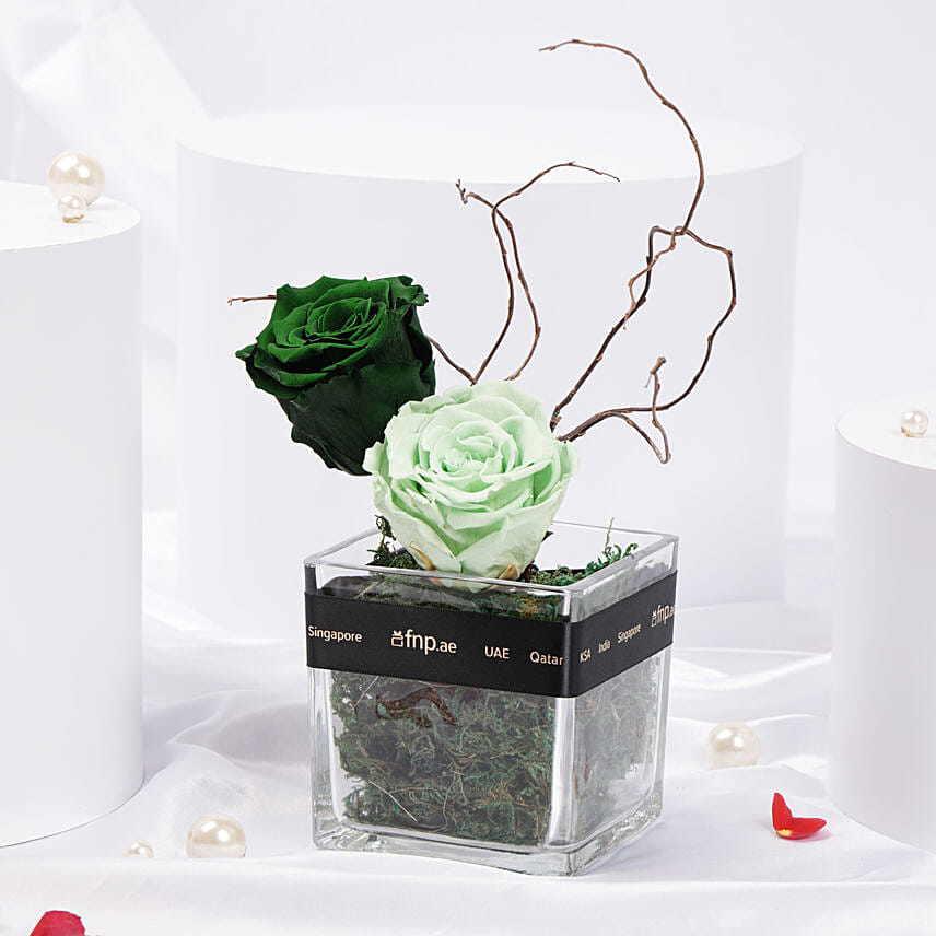 Green Harmony Forever Roses in glass vase: One Hour Delivery Flowers