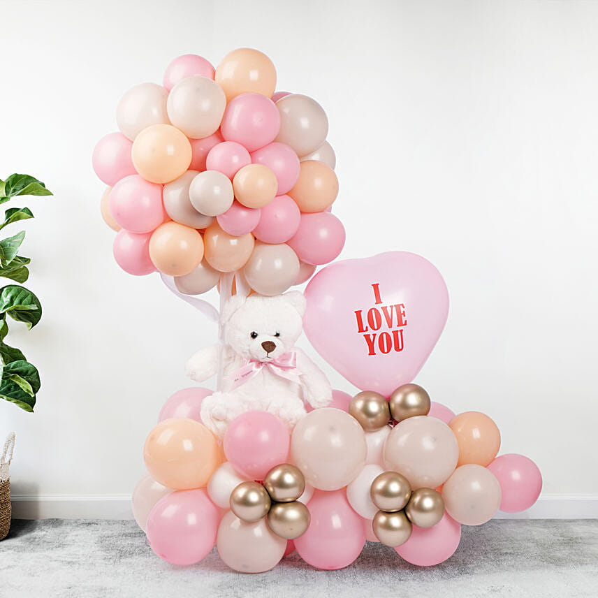I Love You Balloon Arrangement With Teddy Pink I Love You Balloon Arrangement With Teddy Pink: Teddy Day Gifts