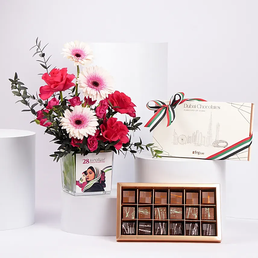 Luxury Emirati Womens Day Flower Arrangement And Dubai Chocolate Luxury Emirati Womens Day Flower Arrangement And Dubai Chocolate: Emirati Women's Day Gifts