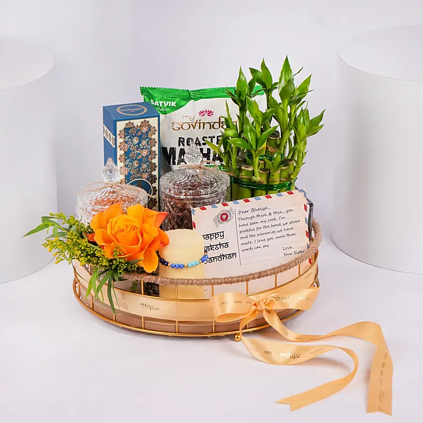 Luxury Rakhi Gift With Harmony Beads Rakhi In Round Gold Tray: Raksha Bandhan Gift Hampers