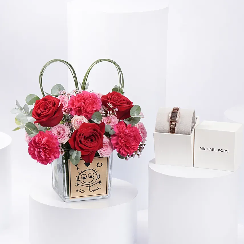مزهرية ورد مع ساعة يد نسائية مايكل كورس أيمري: هدايا ساعات