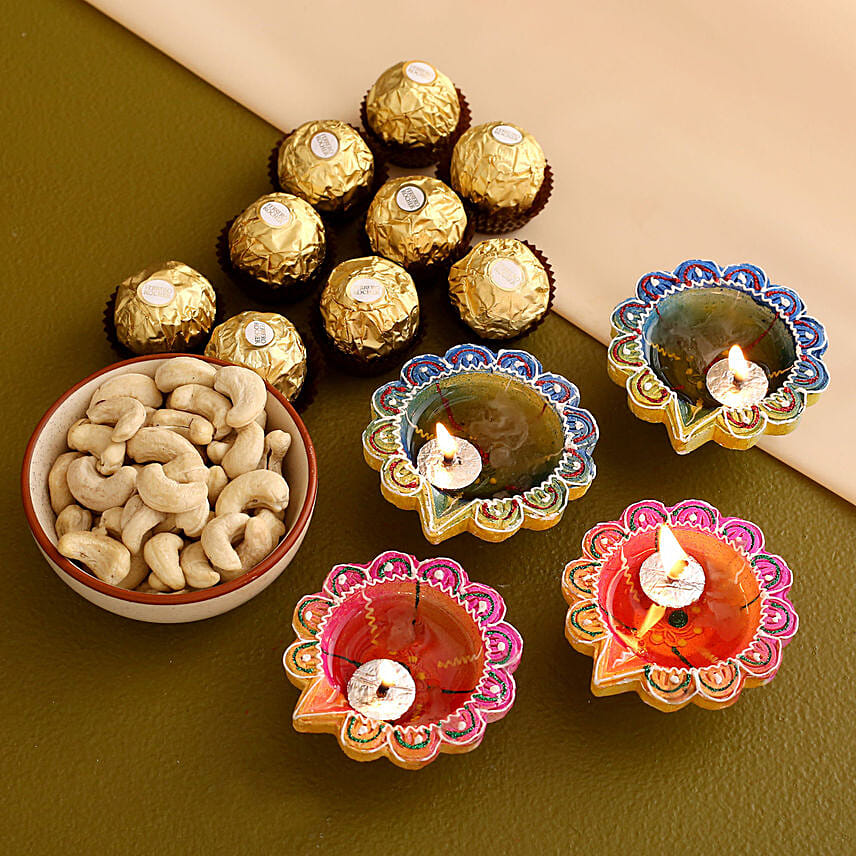 Multi Color Diyas With Kaju and Rocher Multi Color Diyas With Kaju and Rocher: Diwali Diya