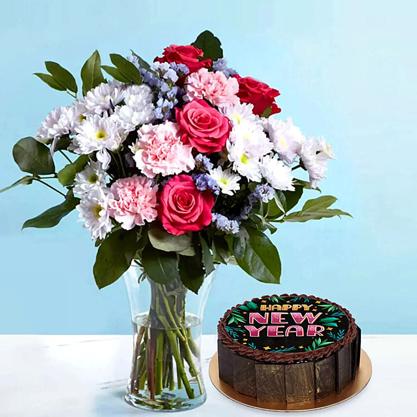 New Year Cake and Colorful Flowers New Year Cake and Colorful Flowers: New Year Flowers