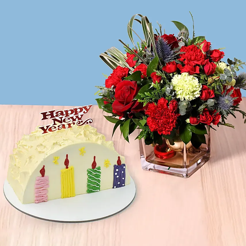 New year Flowers and Cake Combo New year Flowers and Cake Combo: New Year Flowers