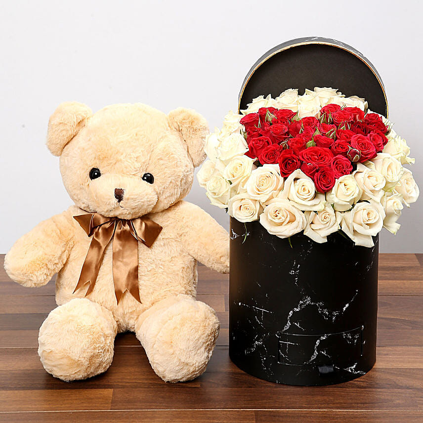 Order Peach and Red Rose Box With Teddy Bear Online | Same-Day Delivery ...