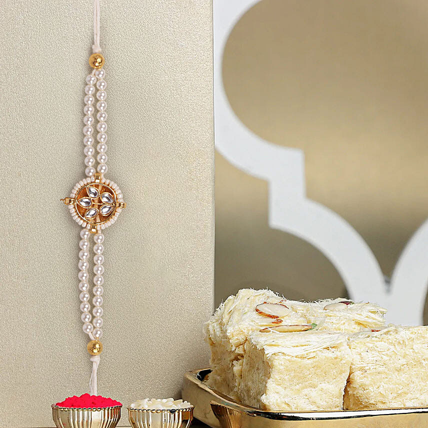Pearl Kundan Designer Rakhi And Soan Papdi Pearl Kundan Designer Rakhi And Soan Papdi: Kundan Rakhi