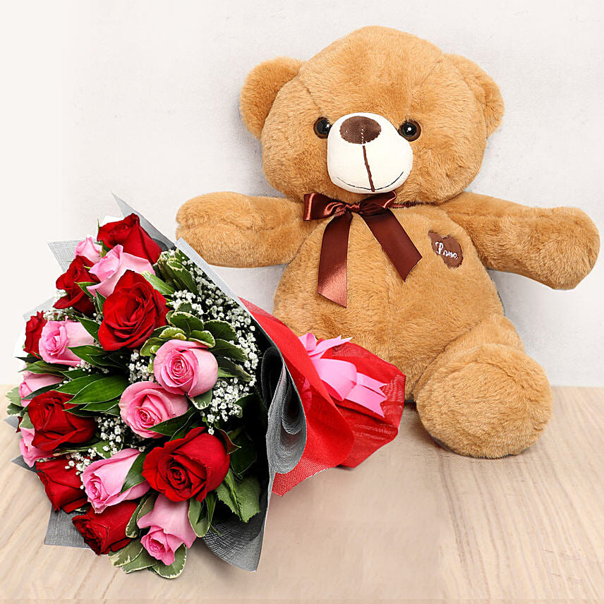 Order Pink and Red Roses Bouquet with Brown Teddy Bear Online | Same ...