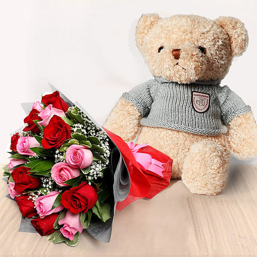 Order Pink and Red Roses Bouquet with Brown Teddy Online | Same-Day ...