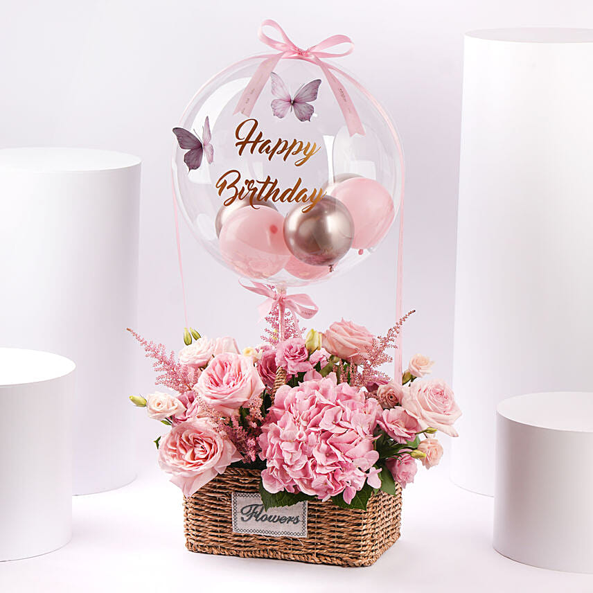 Pink Birthday Flower Basket With Balloon Pink Birthday Flower Basket With Balloon: Gift Set