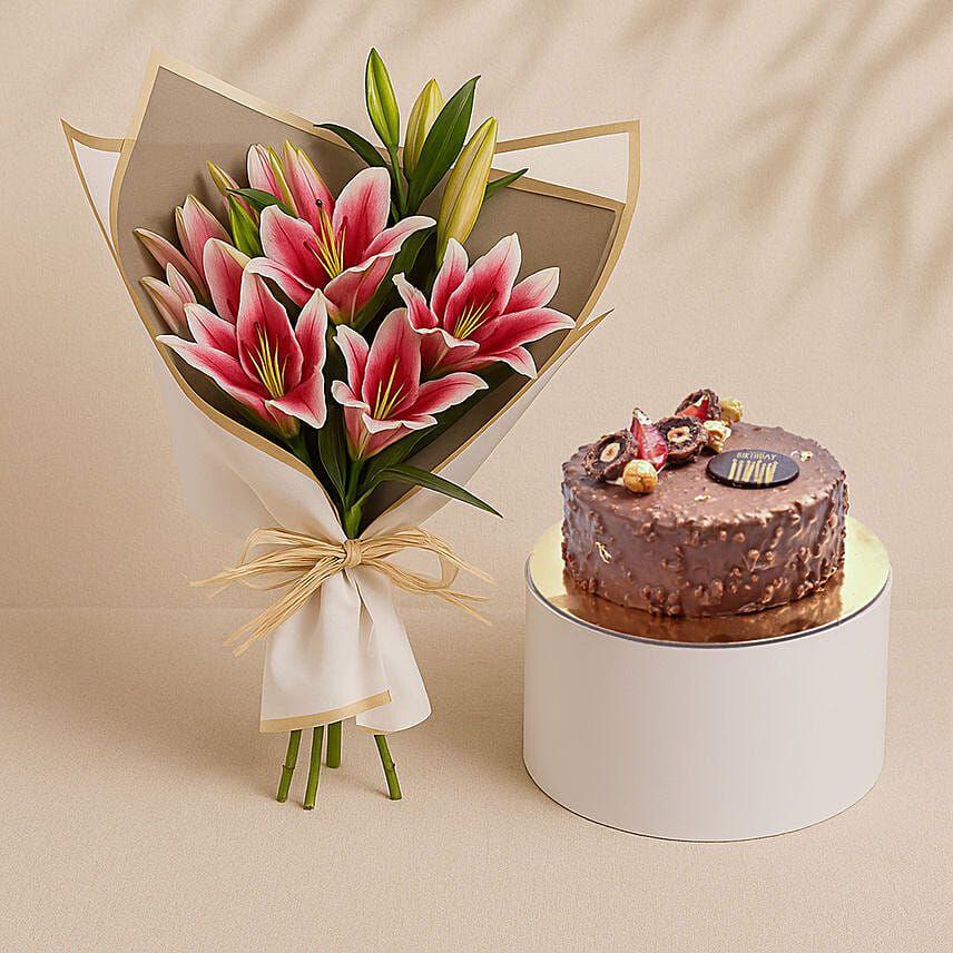 Pink Lilies Elegance Bouquet With Rocher Cake Pink Lilies Elegance Bouquet With Rocher Cake: Wedding Anniversary Flowers