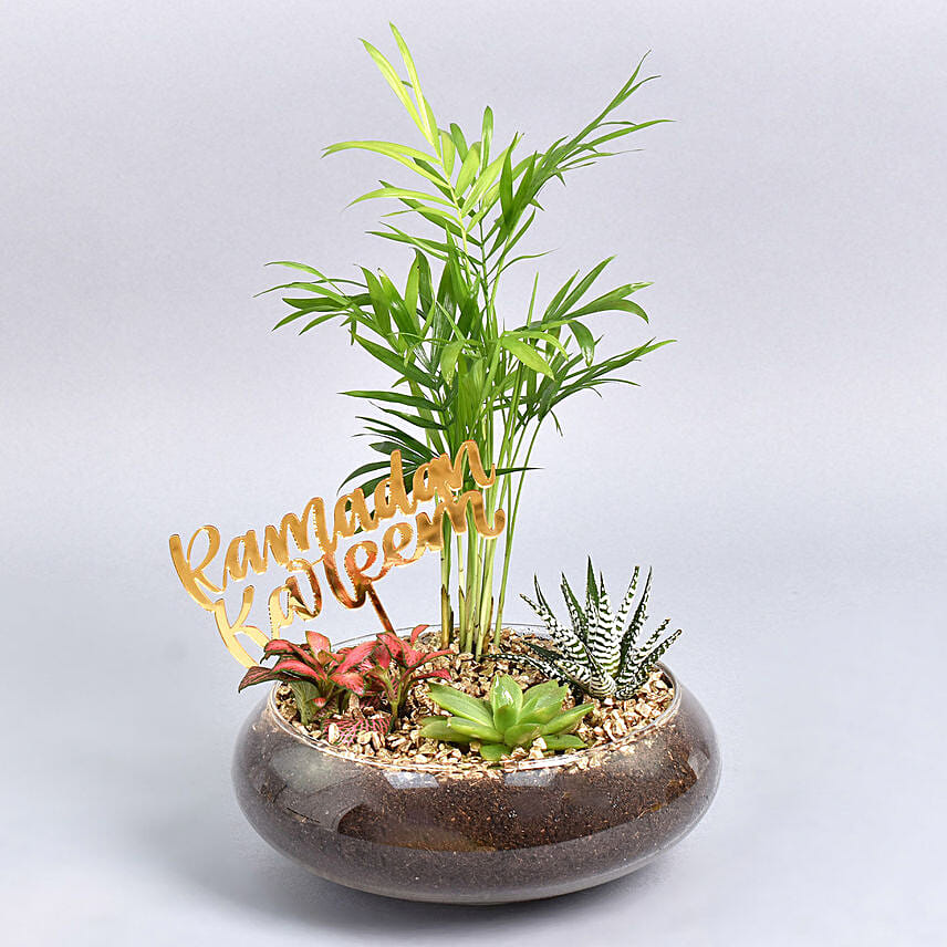 تنسيقة نباتات خضراء مع علامة عيد مبارك ذهبية: تنسيقات نباتات جديدة