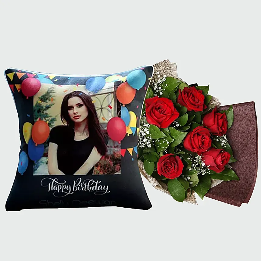 Red Rose Bouquet and Personalised Cushion Red Rose Bouquet and Personalised Cushion: