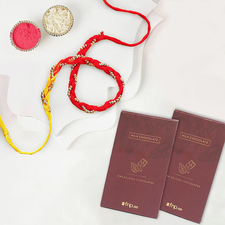Sacred Bead Work Mauli Rakhi With 2 Fnp Chocolates: Rakhi With Chocolates