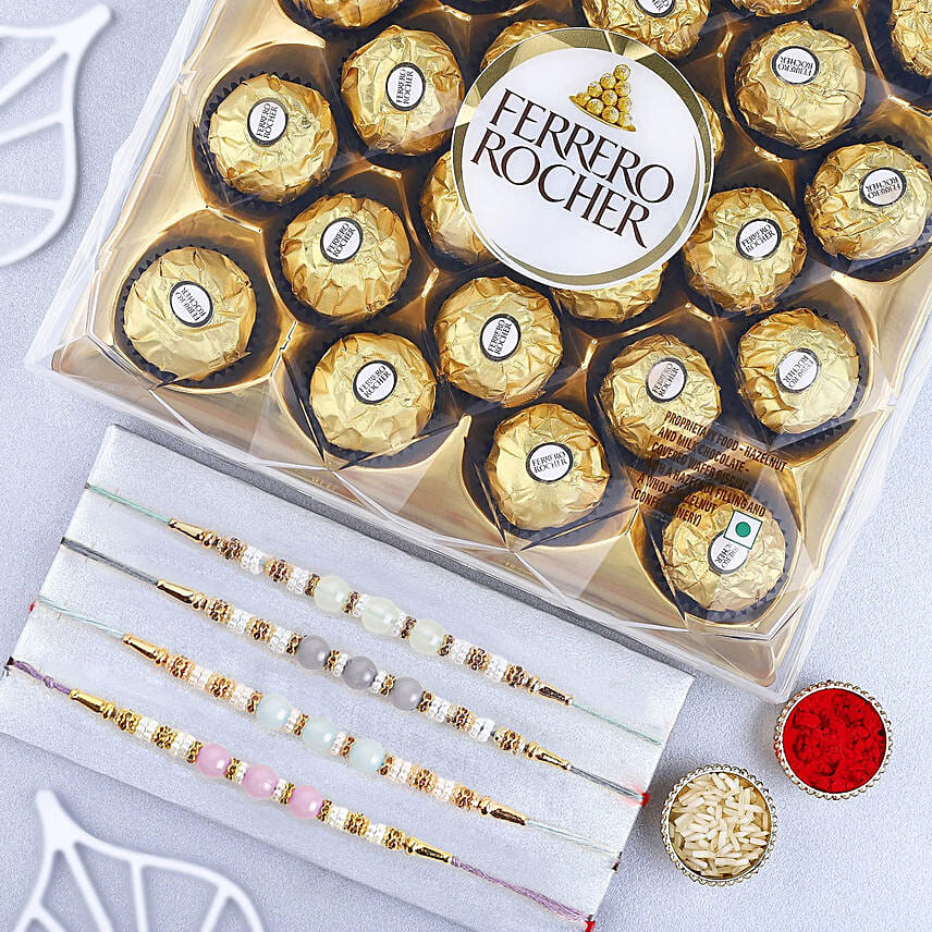 Set Of 5 Beads Rakhi With 24 Pcs Ferrero Rocher Set Of 5 Beads Rakhi With 24 Pcs Ferrero Rocher: Zardosi Rakhi