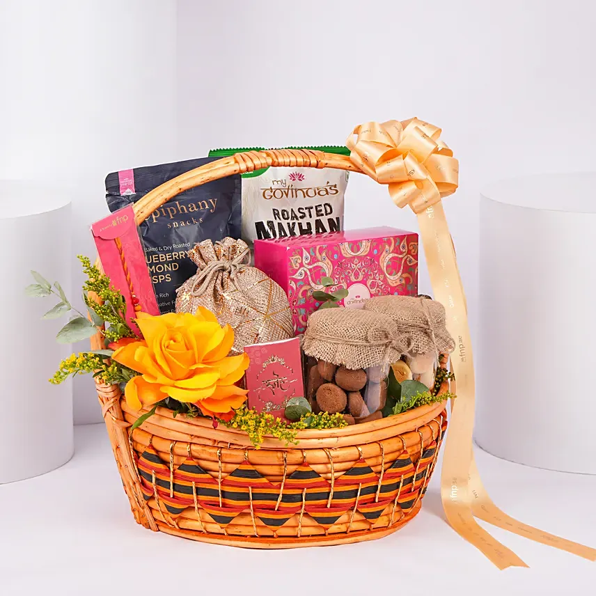Traditional Mauli Rakhi Hamper In Rustic Round Basket: Raksha Bandhan Gift Hampers
