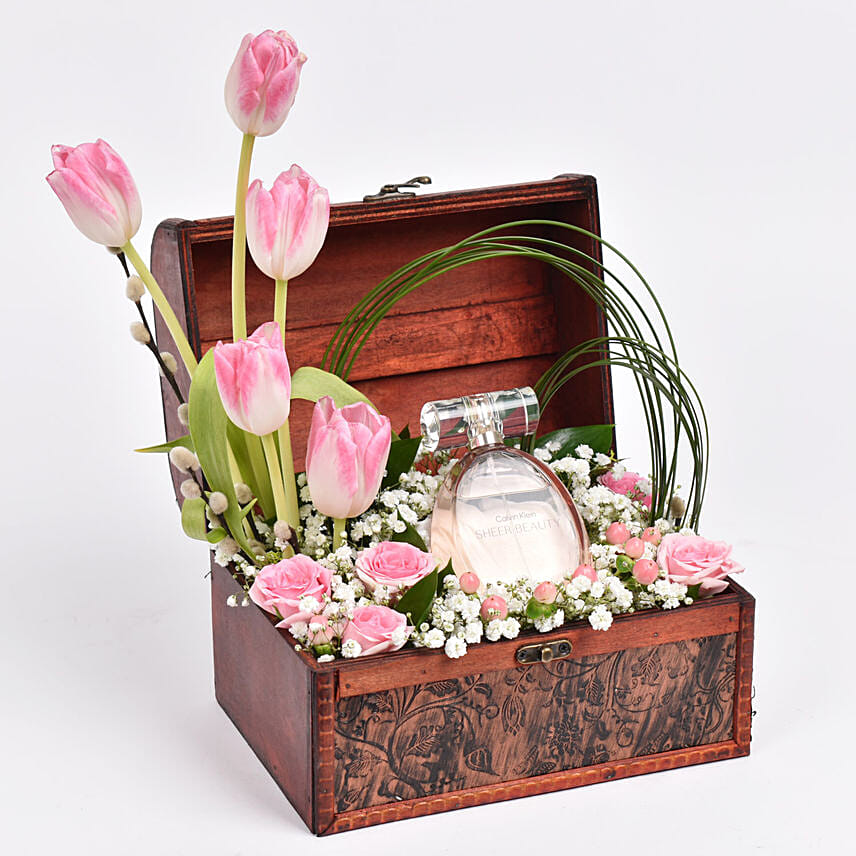 A perfume gift & Pink Tulip for her in beautiful wooden box