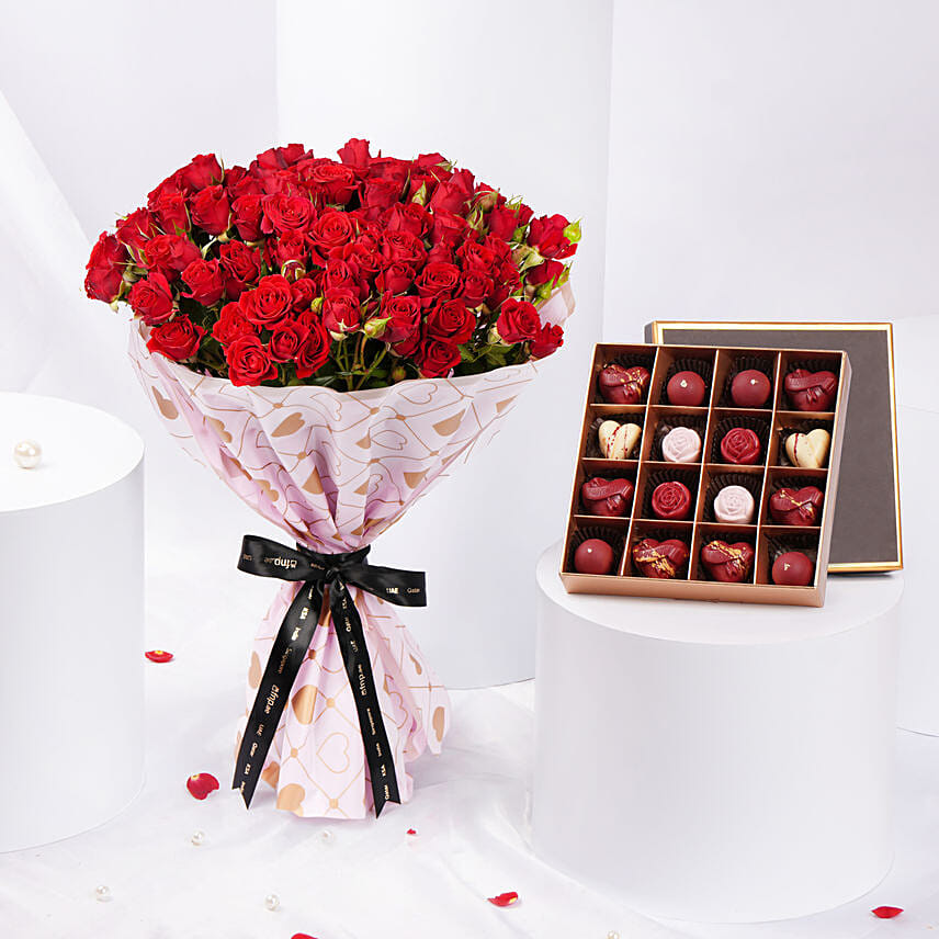 Red Spray Roses Bouquet With Chocolate Red Spray Roses Bouquet With Chocolate: Valentine Flower in Sharjah