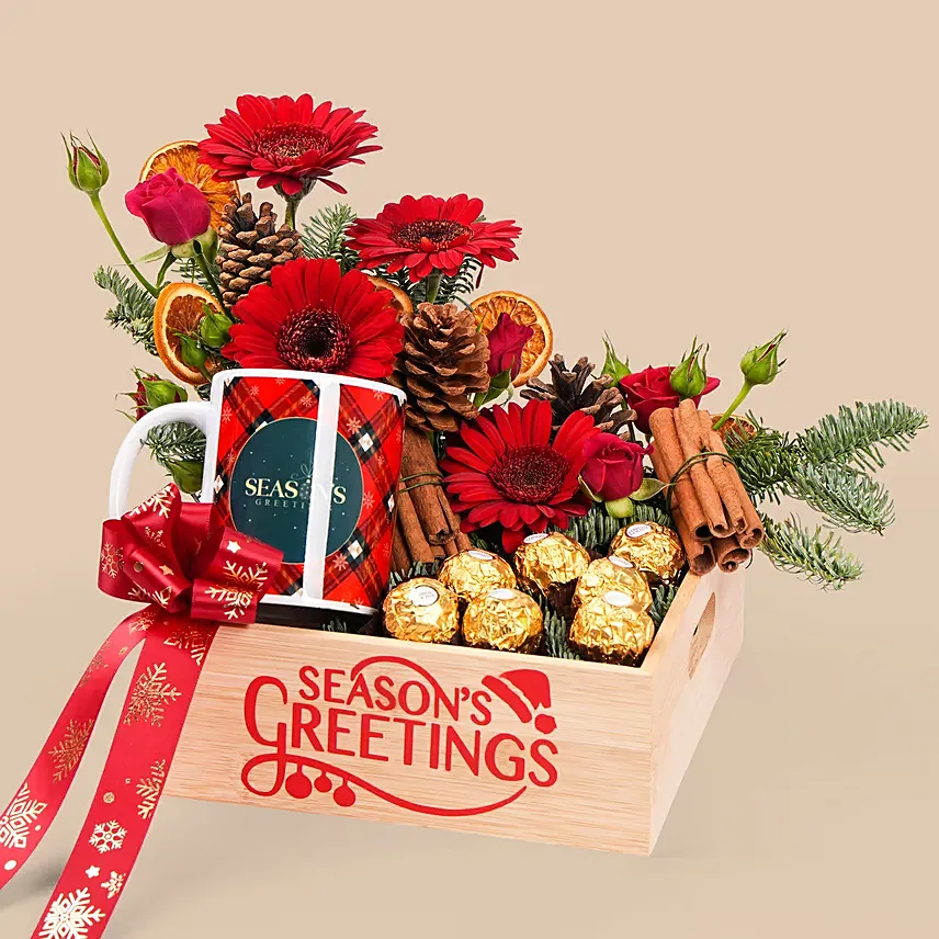 Holiday Cheer Mug And Flowers Gift Set: Red Flowers Bouquets