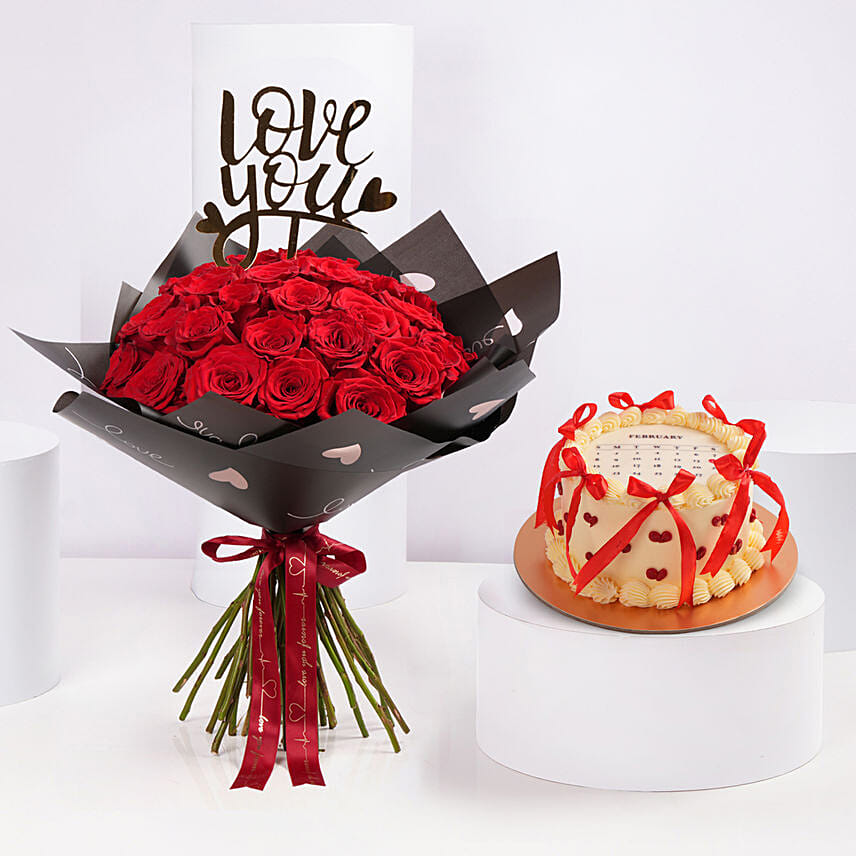 Red Roses And Valentine Calendar Cake: Valentines Day Flowers and Cakes