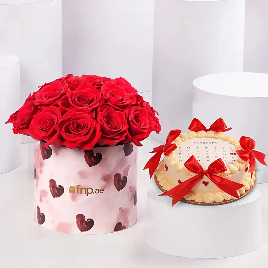 Romantic Red Roses Arrangement With Cake: Valentine Cakes for Husband