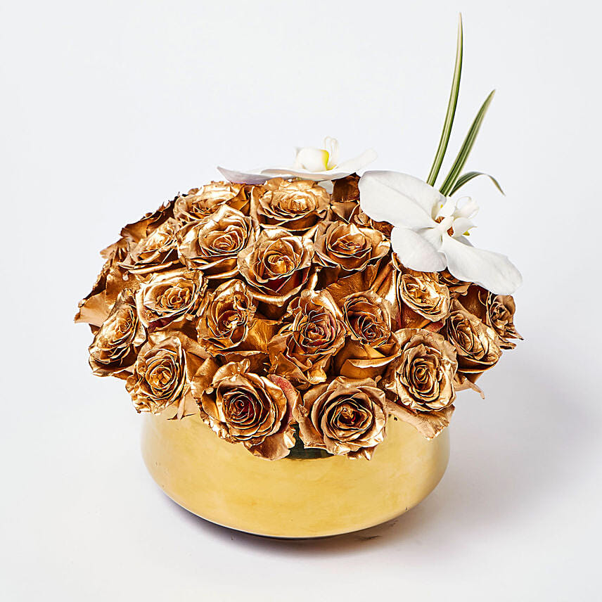 Delightful Gold Roses N Phalaenopsis Vase Arrangement