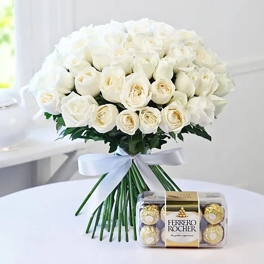 White Roses Bunch And Ferrero Rocher