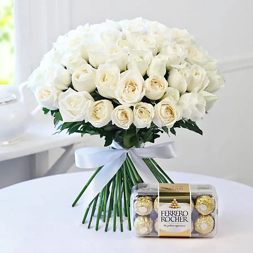 White Roses Bunch And Golden Chocolate