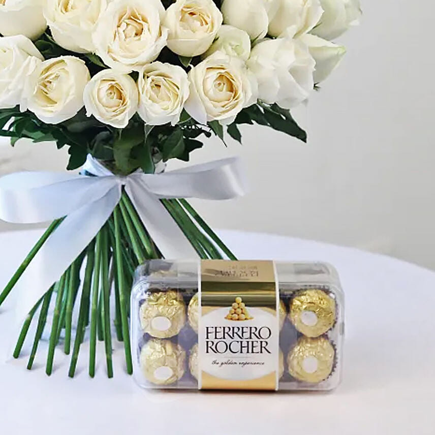 White Roses Bunch And Golden Chocolate