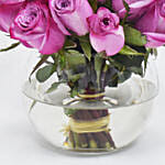 Purple Roses In Glass Bowl