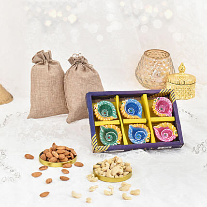 Dryfruits and 6 Diya Combo: Diwali Diya