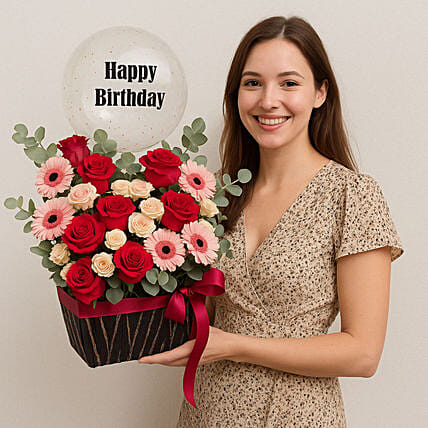 Birthday Balloon & Flower Basket: Flowers and Balloons