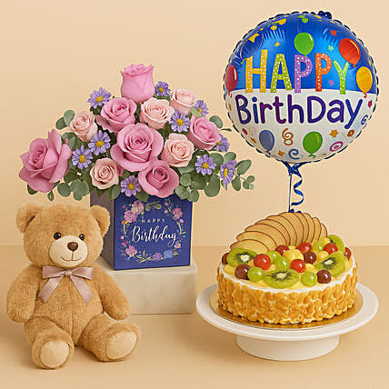 Birthday Flowers and Teddy Bears Combo Online, UAE - fnp.ae