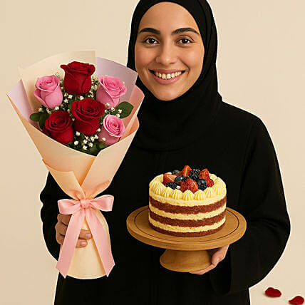 Pink and Red Roses with Red Velvet Cake: Combo Offers