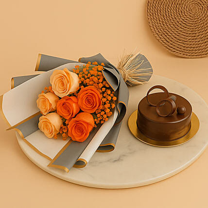 Chocolate Fudge cake and Roses Bundle: Anniversary Flowers & Cakes