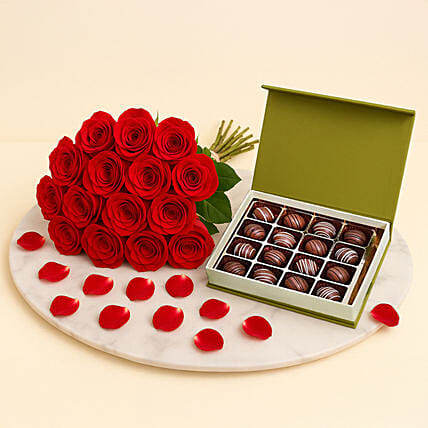 Chocolates and Hand Tied Red Rose Bouquet: Flowers and Chocolates 