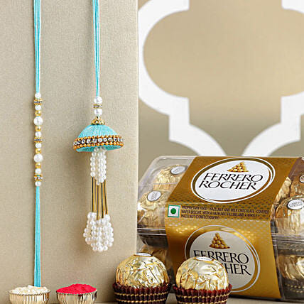 Enchanted Stone Work Lumba Pearl Rakhi Set With Choco Combo: Rakhi With Chocolates 