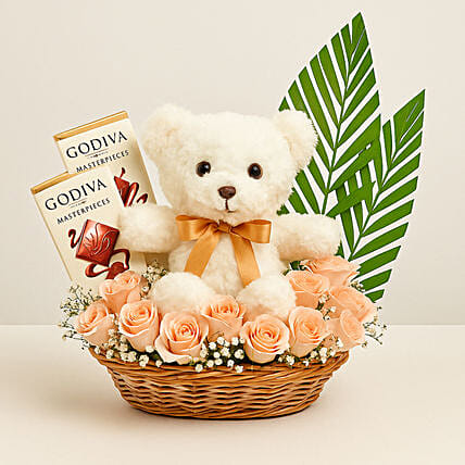 Exquisite Surprise Arrangement with Godiva Chocolates: Basket Arrangements 