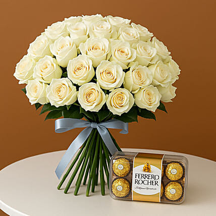 White Roses Bunch and Ferrero Rocher: White Rose Bouquets