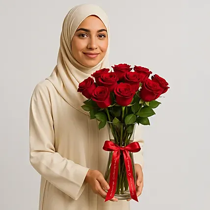 ورود الحب - باقة 12 وردة جوري أحمر في فازة أنيقة: مزهريات ورد